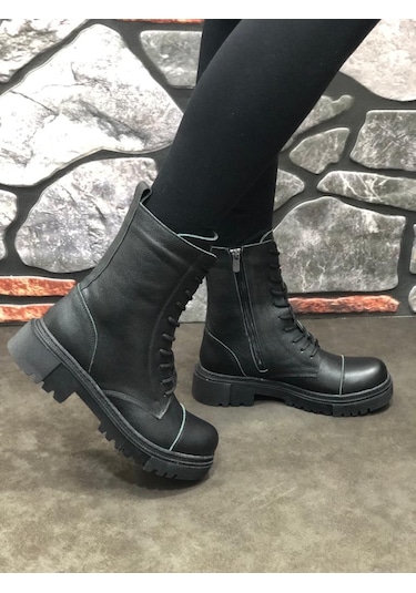 Umut Hakiki Deri Kışlık Kauçuk Taban Postal Kadın Bot Sıyahsıyah