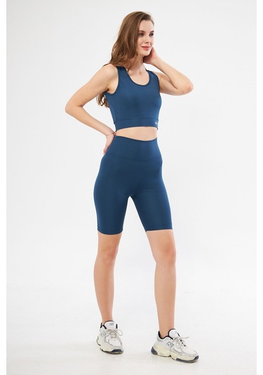 Lesa Wear Yüksek Bel Likralı Toparlayıcı Kısa Şort Tayt Crop Takım Mavi
