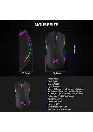 Maiyame Delux M625 Rgb Aydınlatmalı 7 Tuşlu 4000 Dpı Oyuncu Faresi - Siyah 001