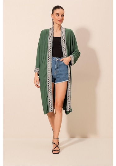 Bigdart 5865 Nakışlı Örme Uzun Kimono - Zümrüt Yeşili 001