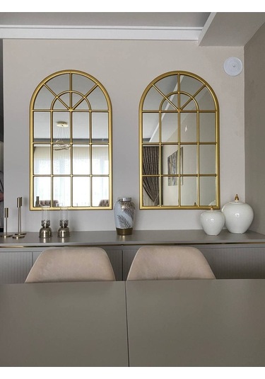 Pencere Model Ayna Duvar Aynası Salon Aynası Dressuar Aynası Gold 103 X 70 Gold
