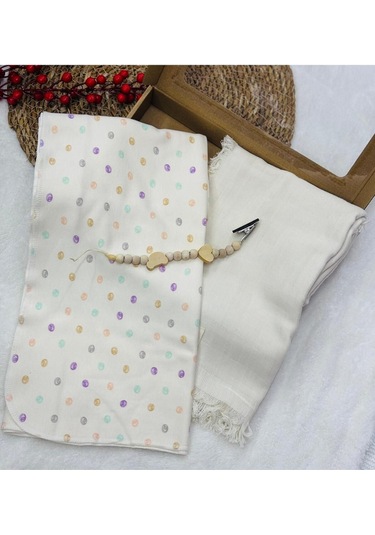 Müslin Battaniye Ve Pamuk Battaniye + Emzik Askısı Hediyeli Kutulu Ekru&desen