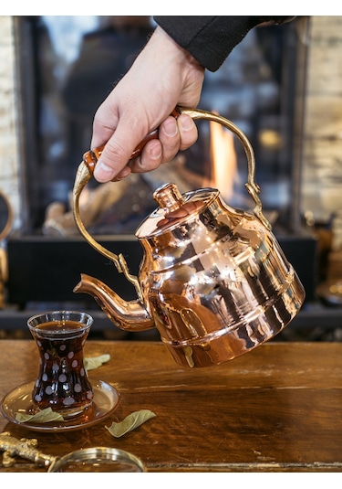 Bakır Demlik Modern Model Ahşamp Kulp Bakır Renk Oksitli Bakır