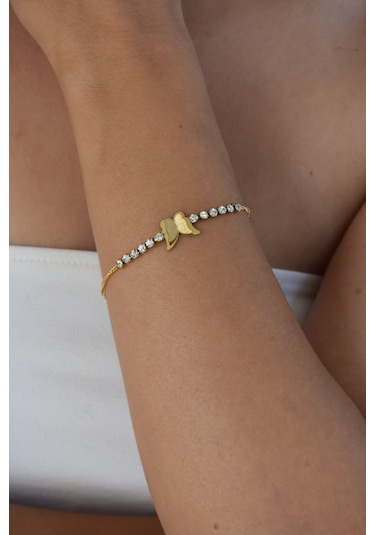 Kadın Model Kelebek Figür Çelik Zirkon Taşlı Pırlanta Elbise Kombin Bileklik Gold