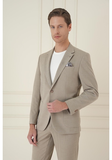 Slim Fit Mono Yaka Çift Yırtmaç Torba Cep Casual Bej Ceket C 698 Bej