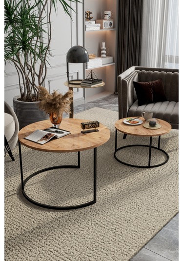 Orta Sehpa Bade İkili Lüx Yan Sehpa Masa Atlantik Çam Kahverengi