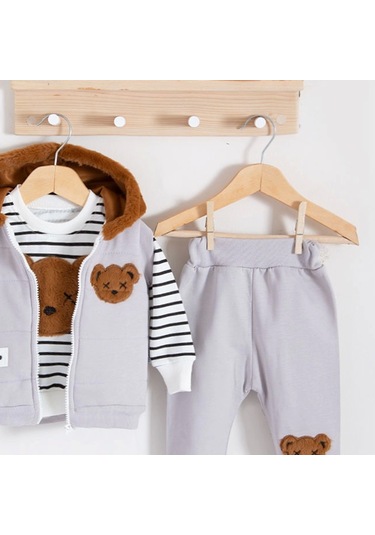 3-18 Ay Erkek Bebek Takımı Peluş Ayıcık Kapişon 3'lü Gri
