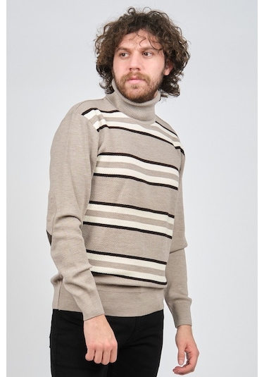 Mısırlı Erkek Tam Balıkçı Çizgili Yün Kazak 3869077 Bej Bej