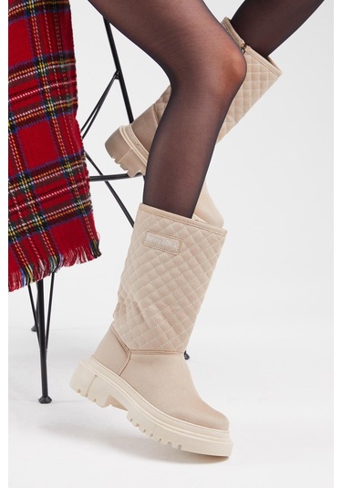 Kapitone Desenli Rahat Kalıp Uzun Kadın Bej Bot Tber205 Bej