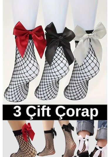 Heleni Kadın File Desenli 3 Çift Fiyonklu Soket Çorap Beyaz - Kırmızı - Siyah