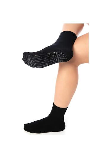 Bambu Kaydırmaz Taban Silikon Baskı Hac Umre Tavaf Hamile Diyabet Pilates Yoga Lastiksiz Çorap 3'lü Siyah