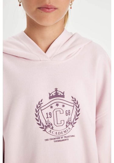 DeFacto Kız Çocuk Oversize Geniş Kalıp Kapüşonlu İşlemeli Kalın Sweatshirt D2885A824WNPN440