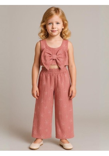 Kız Çocuk Müslin Crop Pantolonlu Takım-16077 Gül Kurusu