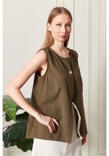 Keten Şık Farklı Tarz Nevin Bluz - Modern Ve Zarif Tasarım Haki