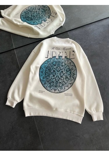 Üç İplik Bisiklet Yaka Baskılı Sweatshirt - Beyaz Beyaz