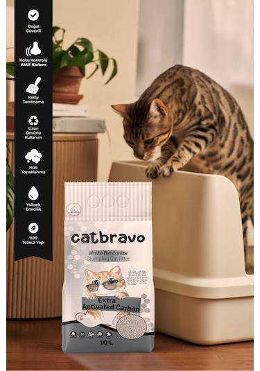 Catbravo Aktif Karbon Kokulu Topaklaşan Bentonit Kedi Kumu 10 L
