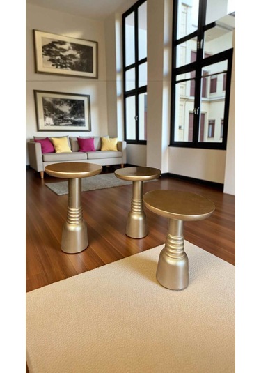 3 Lü Ahşap Yan Sehpa Seti Altın Varak Mantar Sehpa Modeli