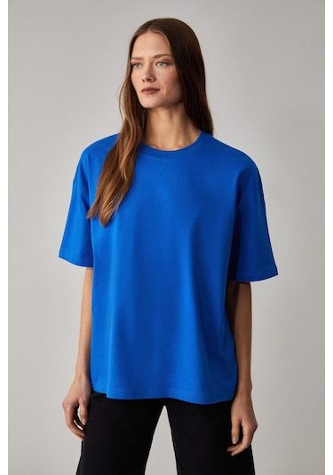 GRIMELANGE Lagertha Kadın %100 Organik Pamuklu Kalın Dokulu Oversize Fit Yuvarlak Yakalı Mavi T-shirt Mavi