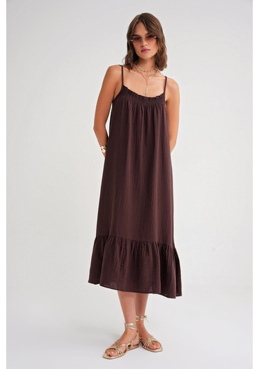 4740 Kadın Askılı Müslin Midi Elbise Kahve Kahve