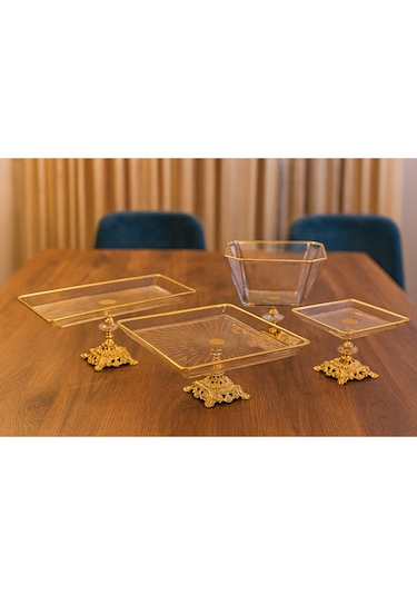 Elta Collection 4 Parça Gold Pasta Sunumluk Kurabiyelik Seti Altın