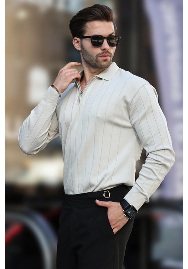 Madmext Bej Polo Yaka Fermuarlı Örme Kazak 7242-bej Bej