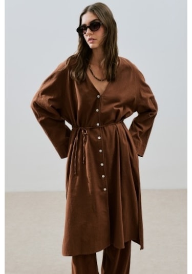 Dokulu Düğmeli Uzun Tunik Kahverengi Kahverengi