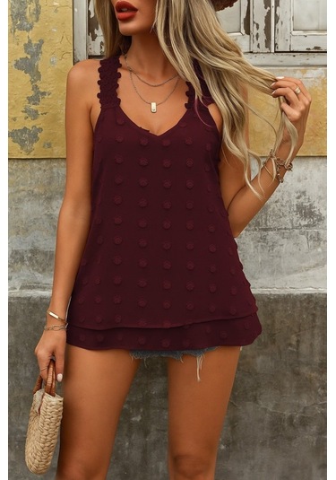 Munn Collection Kadın Dantel Askılı V Yakalı Sırtı Çapraz Detaylı Ponpon Bluz Bordo