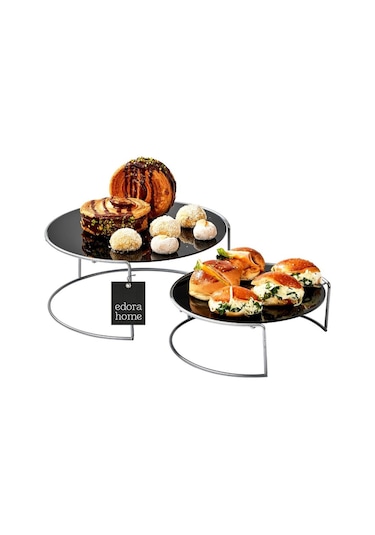 Gümüş Sunumluk 2'li Büyük Boy Metal Sunumluk Hediyelik Dekorasyon İkramlık / Siyah Pleksi / Paslanmaz