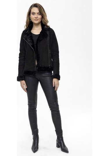 Violet Siyah Fermuarlı Biker Kadın Hakiki Kürk Mont-siyah Siyah