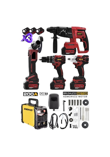 Deko DKW200 200A İnvertör Kaynak Makinesi + Muhteşem 4'lü Matkap + Kırıcı Delici + Somun Sıkma + Taşlama Makinesi