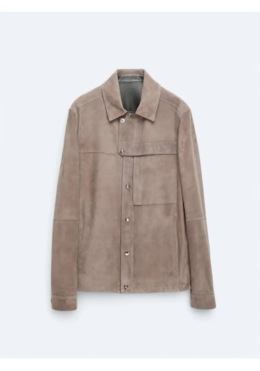 Vizon Gömlek Yaka Smart Casual Deri Mont Vizon