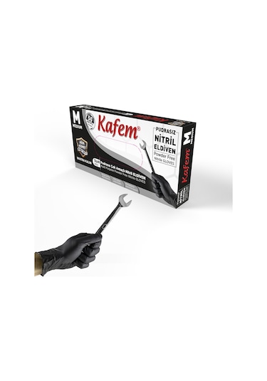 Kafem Siyah Nitril Eldiven Pudrasız Ekstra Kalın (M) 50 Li X 5 Paket