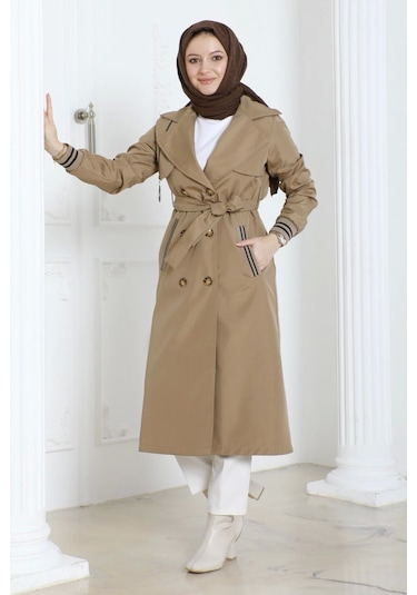 Bondit Kumaş Ribanalı Uzun Boy Trençkot / Açık Kahve - M0110 Açık Kahve Kahverengi