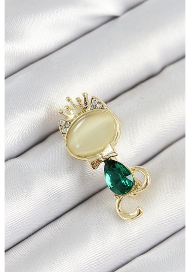 Yeşil Damla Zirkon Taşlı Kraliçe Taçlı Kedi Figürlü Gold Renk Kadın Broş Çok Renkli