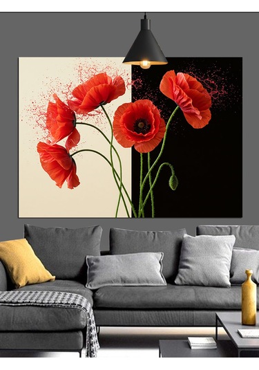 Kırmızı Haşhaş Çiçekleri Sapları Dekoratif Kanvas - Mdf Ahşap Tablo
