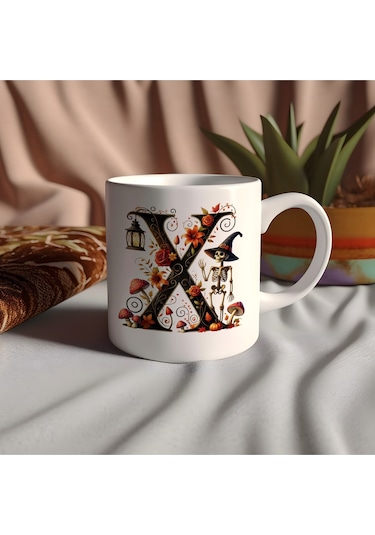 X Harfi Şapkalı İskelet Figürlü Ve Çiçekli Kupa Bardak - Cadılar Bayramı / Halloween Özel Hediye Beyaz