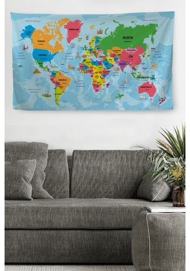 Harita Sepeti Duvar Örtüsü Halısı Detaylı Güncel Türkçe Dünya Haritası Kaliteli Kanvas Kumaş-3976-65 X 40
