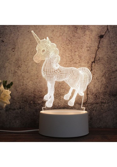 Sones Beyaz Taban Yaratıcı 3d Üç Renkli Led Dekoratif Gece Lambası, Düğme Fiş Versiyonu, Şekil: Tek Boynuzlu At Çok Renkli