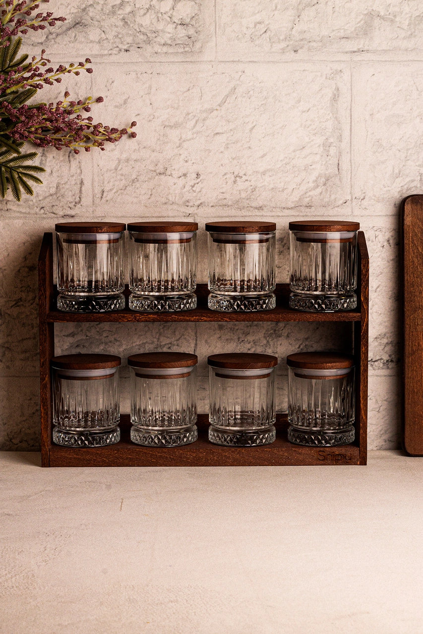 Mira Küçük - Standlı 8'li Vakumlu Ahşap Kapaklı Cam Baharatlık Takımı Saklama Kabı Seti 210 Ml Ahşap