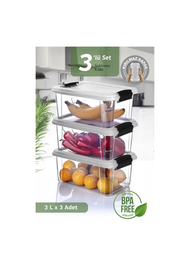 3'lü Set 3l Kilit Kapaklı Erzak Saklama Kabı Difriz Buzdolabı Düzenleyici Un Bakliyat Saklama Kutusu Şeffaf