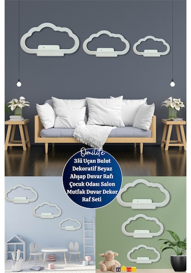 3lü Uçan Bulut Dekoratif Beyaz Ahşap Duvar Rafı Çocuk Odası Salon Mutfak Duvar Dekor Raf Seti Diğer