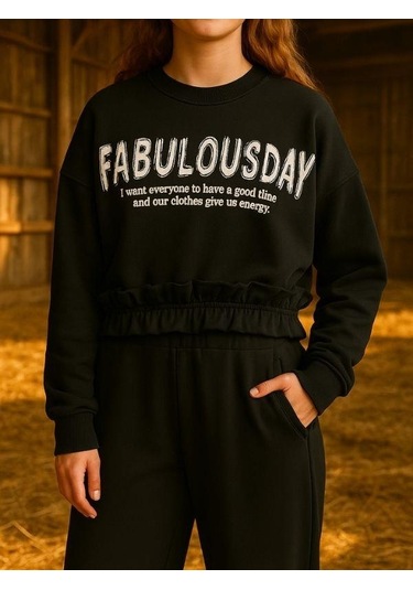 Kız Çocuk 3 İplik Beli Fırfır Detaylı Oversize Tasarım Eşofman Takımı-16171 Siyah