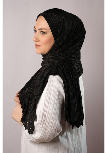 Siyah Pratik Hazır Geçmeli Tesettür Eşarp Fukuro Piliseli Çiçek D Siyah