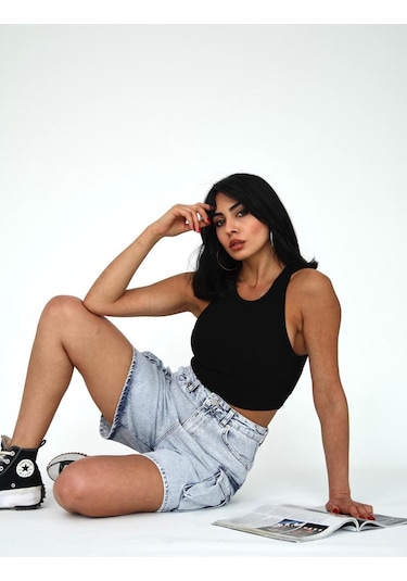 Kargo Cep ve Pens Detaylı Denim Şort Mavi+buz