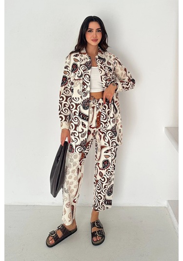 Etnik Desen Baskılı Keten Takım Kahverengi