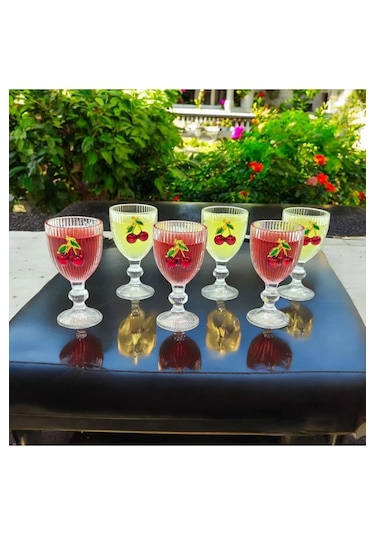 6 Lı Kristal Cam Kahve Yanı Bardağı Kiraz Bardak Kirazlı 75ml