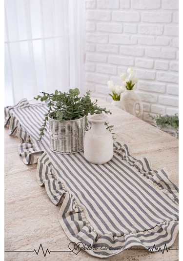 Gri Çizgili 40x125 Şık Tasarım Ekstra Büyük Fırfırlı Runner, %100 Keten Runner Bej