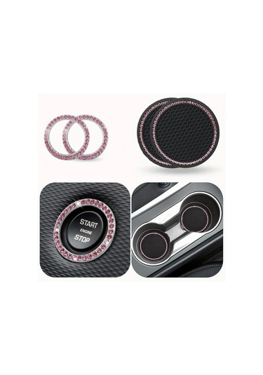 Sunshine011 2 Adet Araç Elmas Tabanlı Paspas + 2 Adet Tek Tuşla Start Dekor Halkası Pembe Pembe