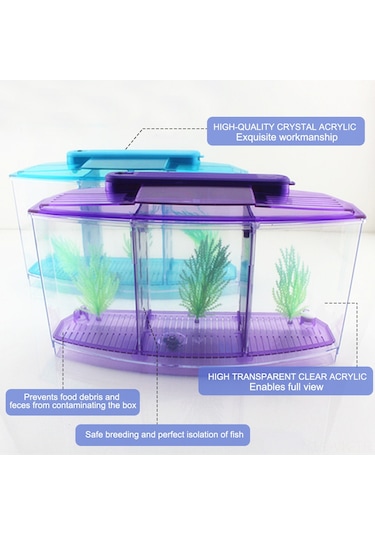 Vkemall 3 Bölmeli Akrilik Akvaryum, Betta Balıkları İçin Yalıtımlı, Led Işıklı, Temiz Alt Izgara, Mavi Bbt4s