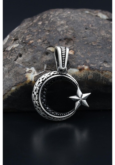 Kolye Ucu 925 Ayar Gümüş Ay Yıldızlı Ayyıldızlı Kral Zincir Desenli 901179